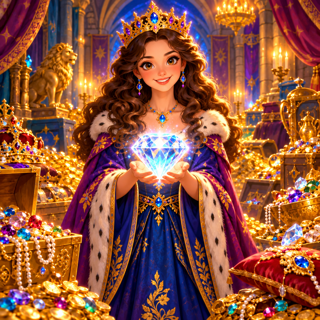 Friendly cartoon queen holding a magical diamond