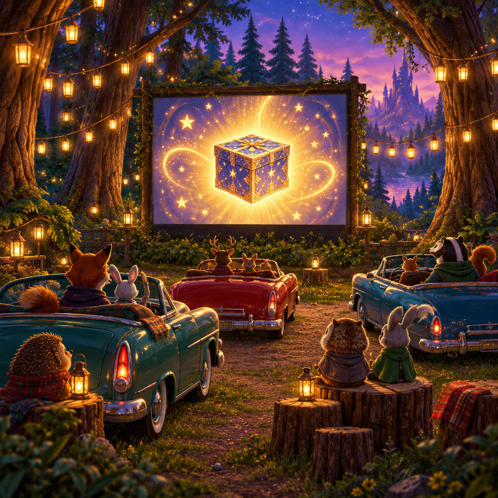 Whimsical forest drive-in theater with fairytale-inspired characters watching a magical box