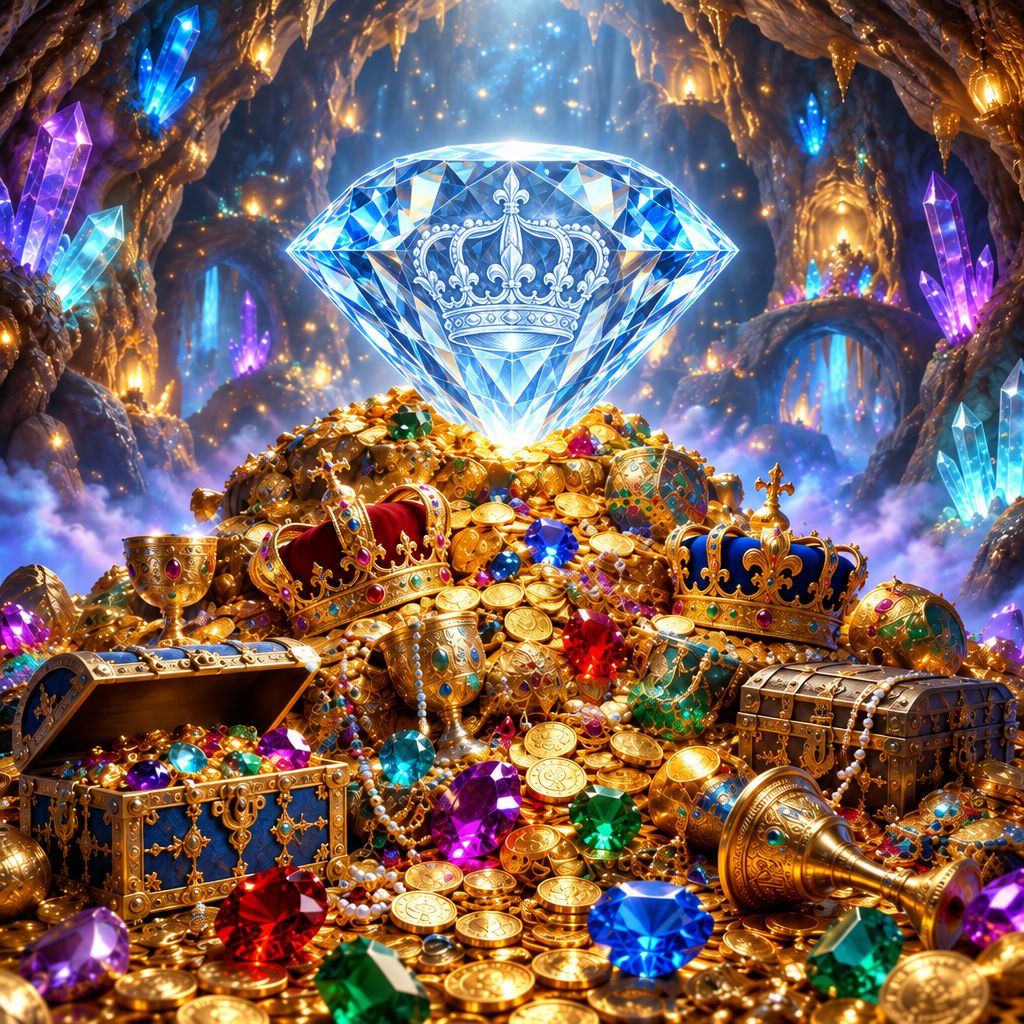 Diamond with an etched crown in a whimsical treasure cave
