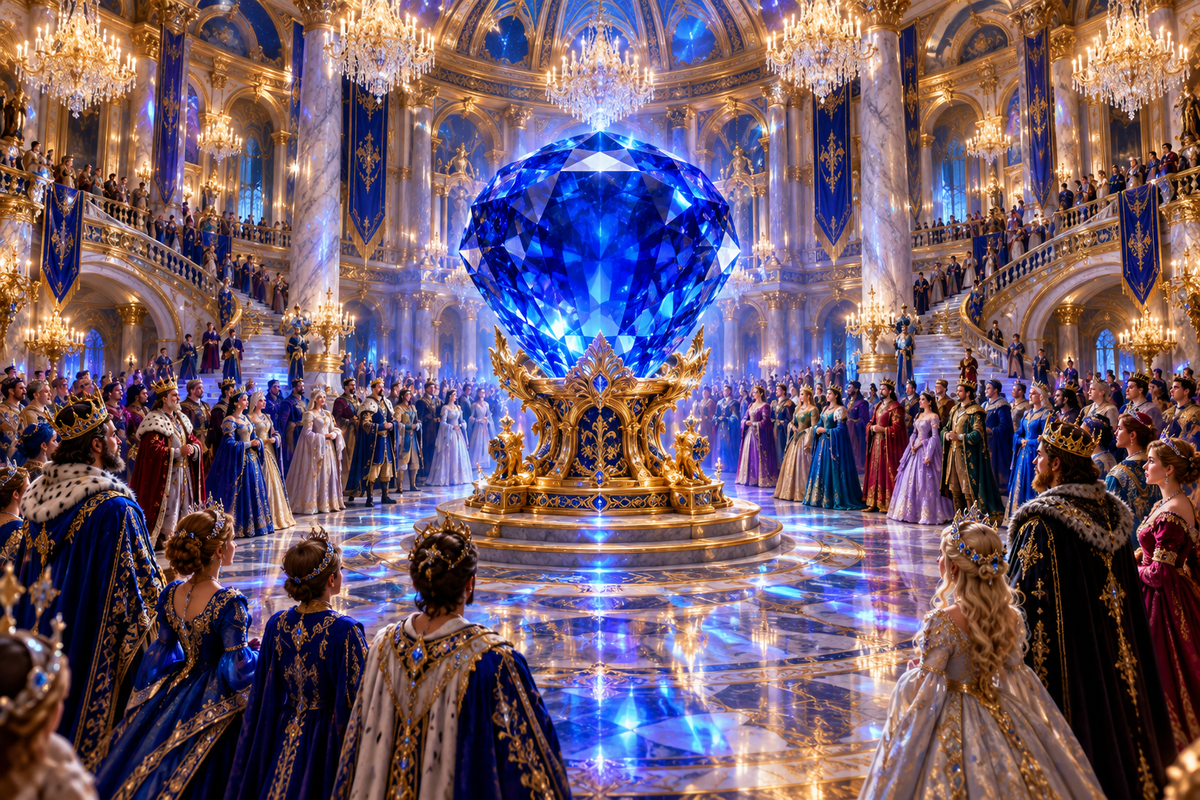 Grand ballroom with royals surrounding a giant sapphire