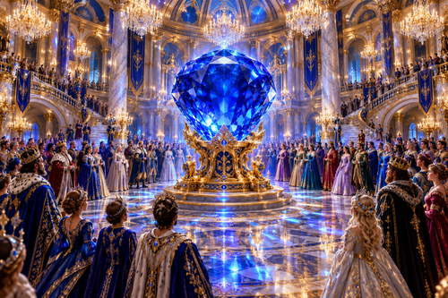 Grand ballroom with royals surrounding a giant sapphire