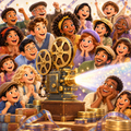 Whimsical movie projector with a larger excited crowd